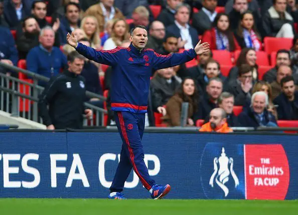 LONDON, ENGLAND - APRIL 23: Ryan Giggs Assistant Manager of Manchester United reacts during The Emirates FA Cup semi final match between Everton and Manchester United at Wembley Stadium on April 23, 2016 in London, England.  (Photo by Paul Gilham/Getty Images)