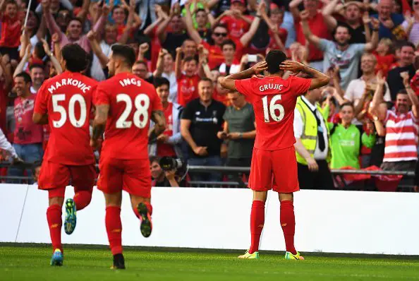 LONDON, ENGLAND - AUGUST 06: Marko Grujic of Liverpool celebrates scoring his team's fourth goal during the International Champions Cup match between Liverpool and Barcelona at Wembley Stadium on August 6, 2016 in London, England.  (Photo by Mike Hewitt/Getty Images)
