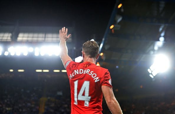 Liverpool's English midfielder Jordan Henderson waves to the fans following the English Premier League football match between Chelsea and Liverpool at Stamford Bridge in London on September 16, 2016.
Liverpool won the match 2-1. / AFP / GLYN KIRK / RESTRICTED TO EDITORIAL USE. No use with unauthorized audio, video, data, fixture lists, club/league logos or 'live' services. Online in-match use limited to 75 images, no video emulation. No use in betting, games or single club/league/player publications.  /         (Photo credit should read GLYN KIRK/AFP/Getty Images)