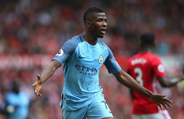 MANCHESTER, ENGLAND - SEPTEMBER 10:  Kelechi Iheanacho of Manchester City celebrates scoring his sides second goal during the Premier League match between Manchester United and Manchester City at Old Trafford on September 10, 2016 in Manchester, England.  (Photo by Alex Livesey/Getty Images)