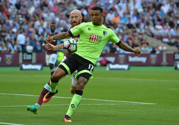 Bournemouth's Norwegian striker Joshua King (R) vies with West Ham United's Welsh defender James Collins during the English Premier League football match between West Ham United and Bournemouth at The London Stadium, in east London on August 21, 2016, West Ham's first home Premier League fixture in their new stadium. / AFP / Glyn KIRK / RESTRICTED TO EDITORIAL USE. No use with unauthorized audio, video, data, fixture lists, club/league logos or 'live' services. Online in-match use limited to 75 images, no video emulation. No use in betting, games or single club/league/player publications.  /         (Photo credit should read GLYN KIRK/AFP/Getty Images)