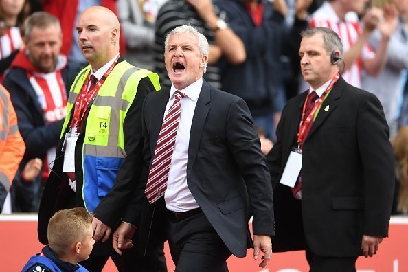 STOKE ON TRENT, ENGLAND - SEPTEMBER 10:  Mark Hughes, Manager of Stoke City reacts after being sent to the stands during the Premier League match between Stoke City and Tottenham Hotspur at Britannia Stadium on September 10, 2016 in Stoke on Trent, England.  (Photo by Laurence Griffiths/Getty Images)