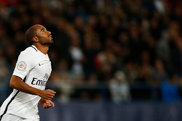 Paris Saint-Germain's Brazilian midfielder Lucas Moura celebrates after scoring during the French L1 football match between Caen (SMC) and Paris Saint-Germain (PSG) on September 16, 2016, at the Michel d'Ornano stadium in Caen, northwestern France. / AFP / CHARLY TRIBALLEAU        (Photo credit should read CHARLY TRIBALLEAU/AFP/Getty Images)