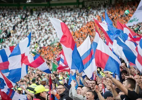 GLASGOW , SCOTLAND - SEPTEMBER 10: Rangers fans at the start of the match between Celtic and Rangers during the Ladbrokes Scottish Premiership match between Celtic and Rangers at Celtic Park on September 10, 2016 in Glasgow. (Photo by Steve  Welsh/Getty Images)