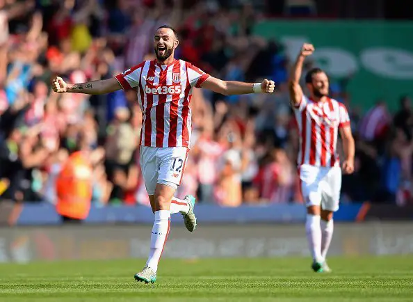 STOKE ON TRENT, ENGLAND - SEPTEMBER 19: Marc Wilson of Stoke City celebrates his team's second goall by Jonathan Walters (not pictured) during the Barclays Premier League match between Stoke City and Leicester City at Britannia Stadium on September 19, 2015 in Stoke on Trent, United Kingdom.  (Photo by Gareth Copley/Getty Images)