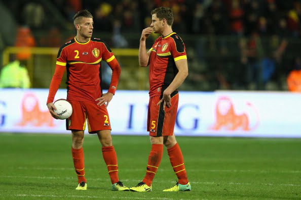 BRUSSELS, BELGIUM - NOVEMBER 14: (L-R) Toby Alderweireld and Jan Vertonghen of Belgium look dejected after the international friendly match between Belgium and Colombia at King Badouin stadium on November 14, 2013 in Brussels, Belgium. The match between Belgium and Colombiaended 0-2.(Photo by Christof Koepsel/Bongarts/Getty Images)