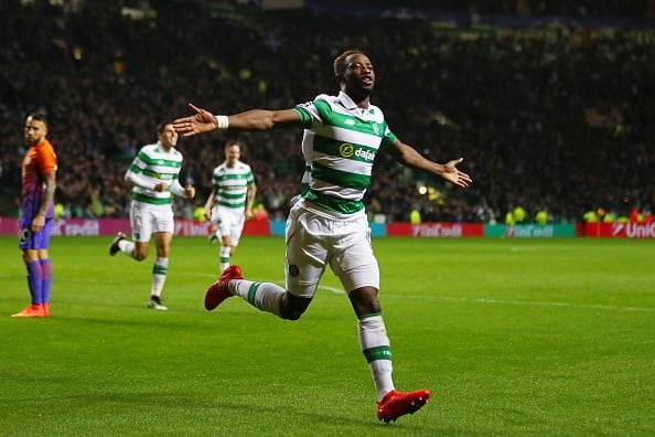 GLASGOW, SCOTLAND - SEPTEMBER 28:  Moussa Dembele of Celtic celebrates after scoring his team's third goal during the UEFA Champions League group C match between Celtic FC and Manchester City FC at Celtic Park on September 28, 2016 in Glasgow, Scotland.  (Photo by Michael Steele/Getty Images)