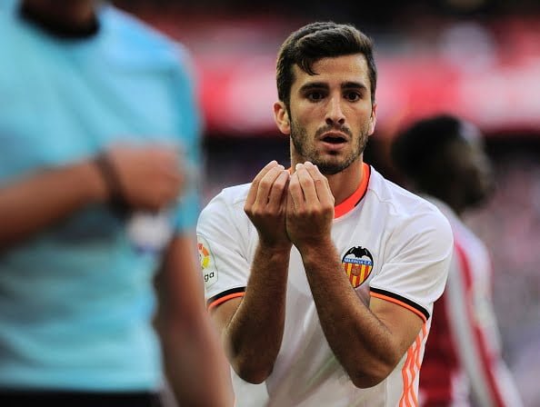 Valencia's defender Jose Gaya reacts after receiving a yellow card during the Spanish league football match Athletic Club de Bilbao vs Valencia CF at the San Mames stadium in Bilbao on September 18, 2016. / AFP / ANDER GILLENEA        (Photo credit should read ANDER GILLENEA/AFP/Getty Images)
