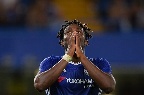 Chelsea's Belgian striker Michy Batshuayi reacts during the English League Cup second round football match between Chelsea and Bristol Rovers at Stamford Bridge in London on August 23, 2016. / AFP / GLYN KIRK / RESTRICTED TO EDITORIAL USE. No use with unauthorized audio, video, data, fixture lists, club/league logos or 'live' services. Online in-match use limited to 75 images, no video emulation. No use in betting, games or single club/league/player publications.  /         (Photo credit should read GLYN KIRK/AFP/Getty Images)