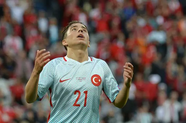 Turkey's forward Emre Mor reacts during the Euro 2016 group D football match between Czech Republic and Turkey at Bollaert-Delelis stadium in Lens on June 21, 2016. / AFP / DENIS CHARLET        (Photo credit should read DENIS CHARLET/AFP/Getty Images)