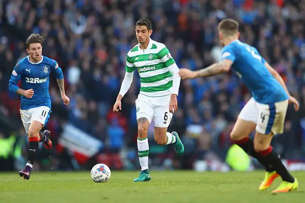 GLASGOW, SCOTLAND - OCTOBER 23:  Nir Bitton (C) of Celtic is tracked by Josh Windass (L) and Rob Kiernan (R) of Rangers during the Betfred Cup Semi-Final match between Rangers and Celtic at Hampden Park on October 23, 2016 in Glasgow, Scotland.  (Photo by Michael Steele/Getty Images)