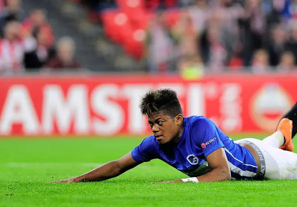 Genk's Jamaican midfielder Leon Bailey lies on the pitch just after scoring during the Europa League Group F football match Athletic Club de Bilbao vs KRC Genk at the San Mames stadium in Bilbao on November 3, 2016. / AFP / ANDER GILLENEA        (Photo credit should read ANDER GILLENEA/AFP/Getty Images)