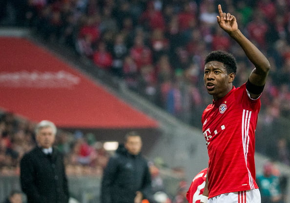 David Alaba of FC Bayern Muenchen gesticulate during the Bundesliga match between Bayern Muenchen and Bayer 04 Leverkusen at Allianz Arena on November 26, 2016 in Munich, Germany. (Photo by Marc Mueller/Bongarts/Getty Images)