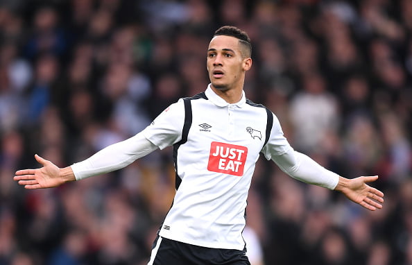 DERBY, ENGLAND - DECEMBER 11: Tom Ince of Derby County celebrates scoring his side's second goal during the Sky Bet Championship match between Derby County and Nottingham Forest at iPro Stadium on December 11, 2016 in Derby, England.  (Photo by Michael Regan/Getty Images)