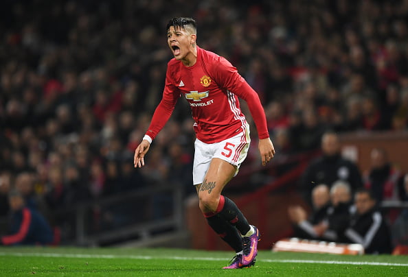Marcos Rojo of Manchester United reacts during the EFL Cup quarter final match between Manchester United and West Ham United at Old Trafford on November 30, 2016 in Manchester, England.  (Photo by Shaun Botterill/Getty Images)