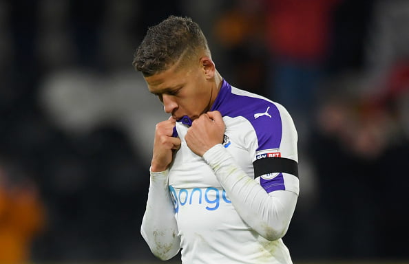 HULL, ENGLAND - NOVEMBER 29:  Dwight Gayle of Newcastle United reacts following defeat in the penalty shoot out after the EFL Cup Quarter-Final match between Hull City and Newcastle United at KCOM Stadium on November 29, 2016 in Hull, England.  (Photo by Stu Forster/Getty Images)