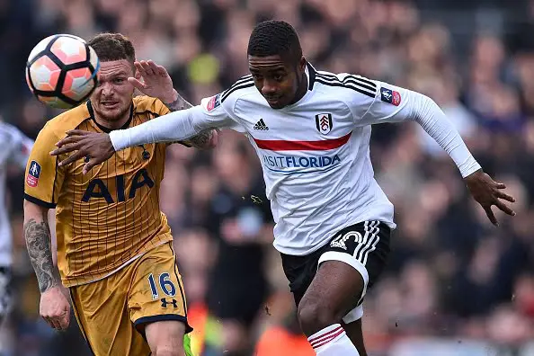 Tottenham Hotspur's English defender Kieran Trippier (L) vies with Fulham's English defender Ryan Sessegnon during the English FA Cup fifth round football match between Fulham and Tottenham Hotspur at Craven Cottage in London on February 19, 2017. / AFP / Glyn KIRK / RESTRICTED TO EDITORIAL USE. No use with unauthorized audio, video, data, fixture lists, club/league logos or 'live' services. Online in-match use limited to 75 images, no video emulation. No use in betting, games or single club/league/player publications.  /         (Photo credit should read GLYN KIRK/AFP/Getty Images)