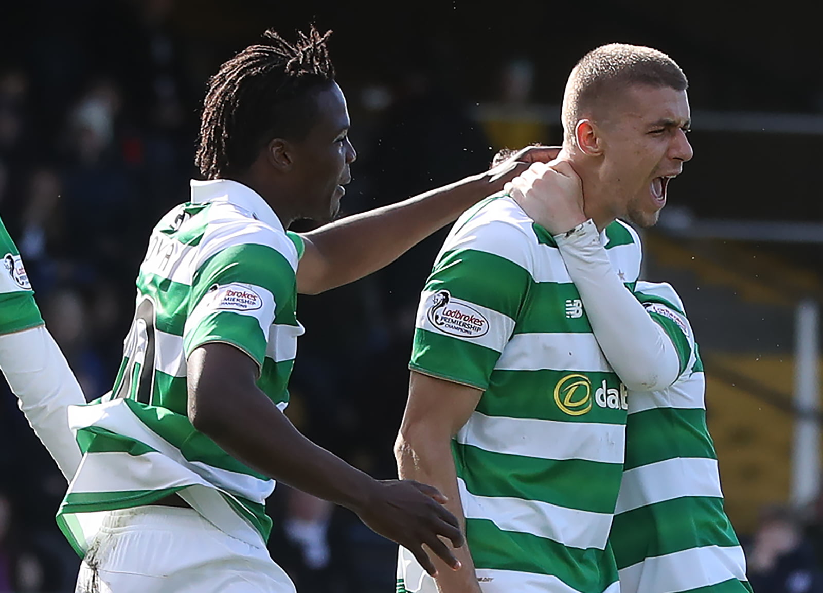 Jozo Simunovic of Celtic  celebrates after he scores during the Ladbrokes Scottish Premiership match between Dundee and Celtic at Dens Park Stadium on March 19, 2017 in Dundee, Scotland. (Photo by Ian MacNicol/Getty Images)