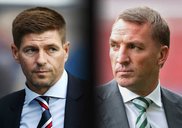 FILE PHOTO (EDITORS NOTE: COMPOSITE OF IMAGES - Image numbers 997192604,617346568- GRADIENT ADDED) In this composite image a comparison has been made between Steven Gerrard manager of Rangers (L) and Brendan Rodgers, Manager of Celtic. Celtic and Rangers meet in a Scottish Premier League match on September 2, 2018 in Glasgow. ***LEFT IMAGE***GLASGOW, SCOTLAND - JULY 12: Steven Gerrard manager of Rangers looks on during the UEFA Europa League Qualifying Round match between Rangers and Shkupi at Ibrox Stadium on July 12, 2018 in Glasgow, Scotland. (Photo by Jan Kruger/Getty Images) ***RIGHT IMAGE*** GLASGOW, SCOTLAND - OCTOBER 23: Brendan Rodgers, Manager of Celtic looks on prior to the Betfred Cup Semi Final match between Rangers and Celtic at Hampden Park on October 23, 2016 in Glasgow, Scotland. (Photo by Ian MacNicol/Getty Images)