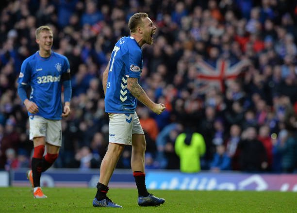 GLASGOW, SCOTLAND - DECEMBER 29: Scott Arfield of Rangers celebrates at the final whistle as Rangers beat Celtic 1-0 during the Ladbrokes Scottish Premiership match between Rangers and Celtic at Ibrox Stadium on December 29, 2018 in Glasgow, Scotland. (Photo by Mark Runnacles/Getty Images)