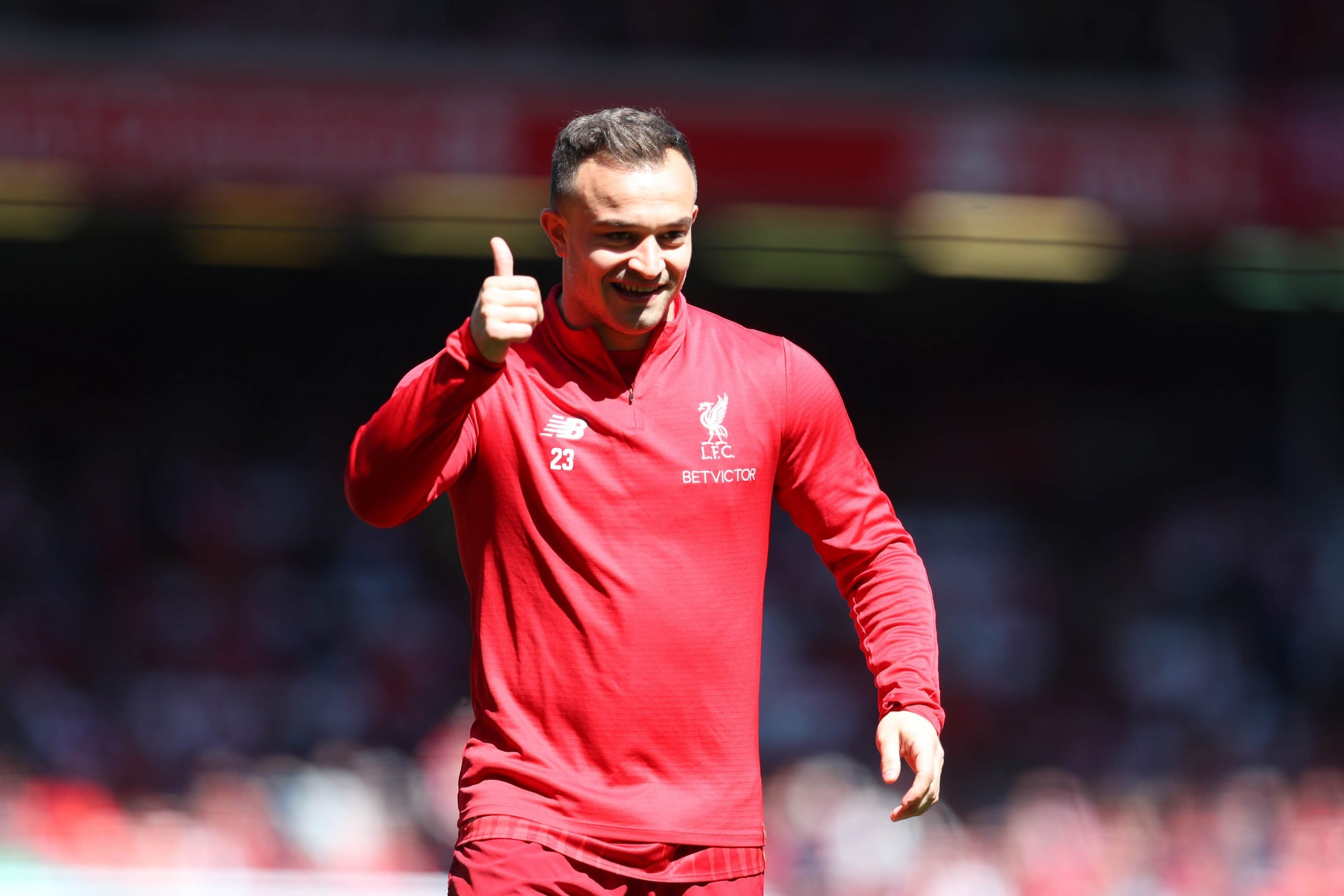 Xherdan Shaqiri of Liverpool warms up prior to the Premier League match between Liverpool FC and Wolverhampton Wanderers at Anfield on May 12, 2019 in Liverpool, United Kingdom. (Photo by Catherine Ivill/Getty Images)