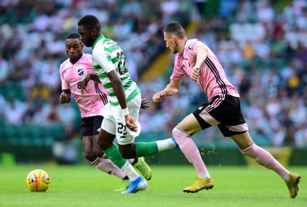 Odsonne Edouard of Celtic takes on Igor Subbotin and Reginald Mbu Alidor of Nomme Kalju FC during the UEFA Champions League Second Qualifying round 1st Leg match between Celtic v Nomme Kalju FC at Celtic Park on July 24, 2019 in Glasgow, Scotland. (Photo by Mark Runnacles/Getty Images)