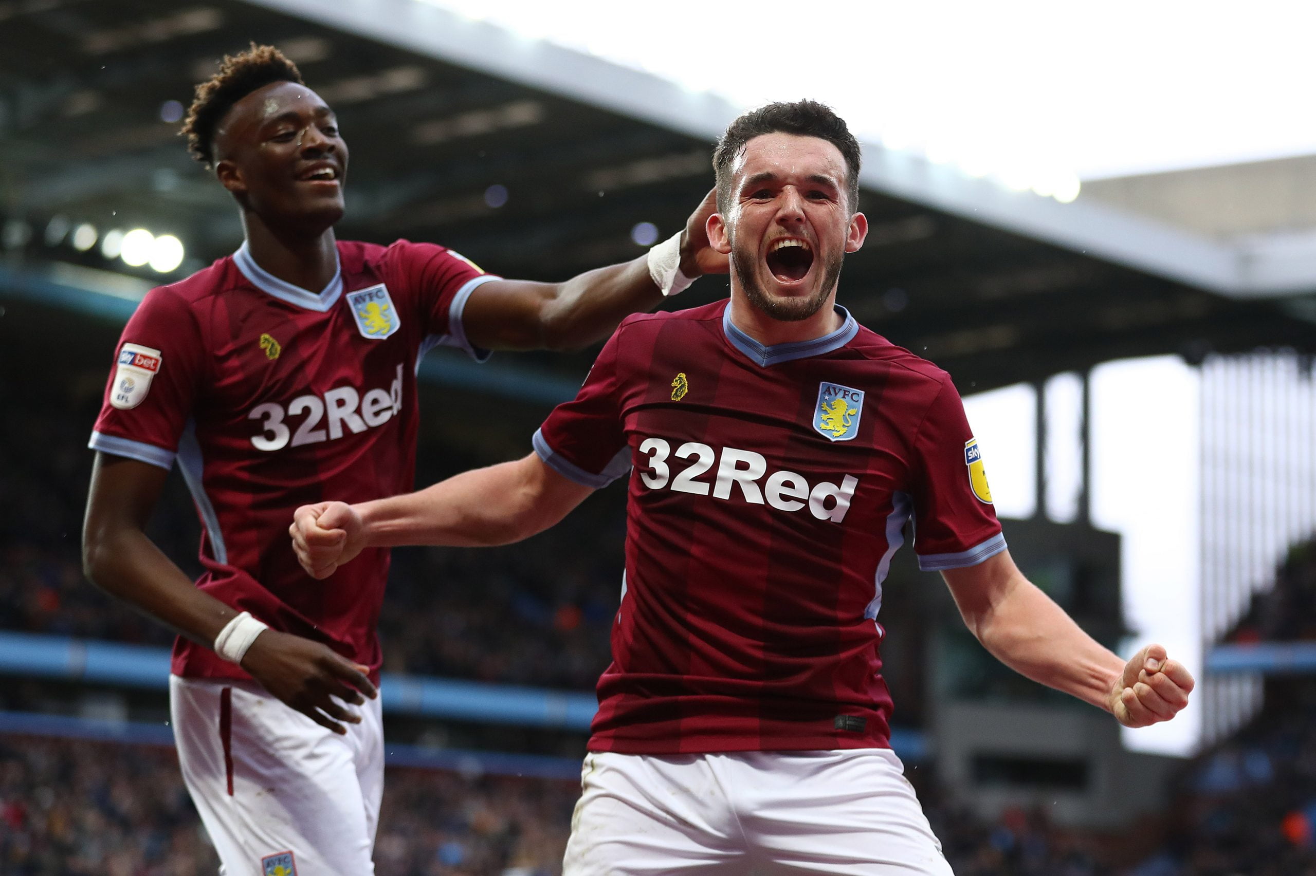 John McGinn of Aston Villa celebrates his goal with Tammy Abraham of Aston Villa during the Sky Bet Championship match between Aston Villa and Middlesbrough at Villa Park on March 16, 2019 in Birmingham, England. (Photo by Matthew Lewis/Getty Images)