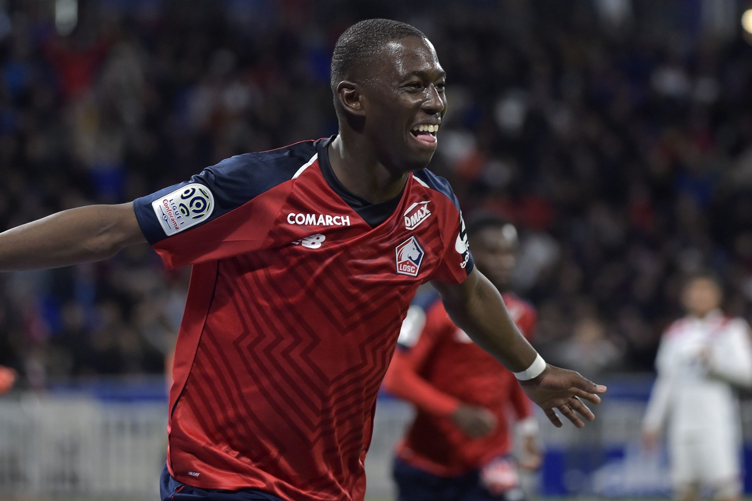 Lille's French midfielder Boubakary Soumare celebrates after scoring a goal during the French L1 football match between Olympique Lyonnais (OL) and Lille (LOSC) on May 5, 2019, at the Parc Olympique Lyonnais stadium in Decines-Charpieu, central-eastern France. (Photo by ROMAIN LAFABREGUE / AFP)