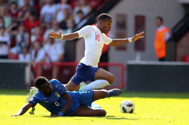 WALSALL, ENGLAND - MAY 07: Rayhaan Tulloch of Englandduring the UEFA European Under-17 Championship at Bescot Stadium on May 7, 2018 in Walsall, England. (Photo by Catherine Ivill/Getty Images)