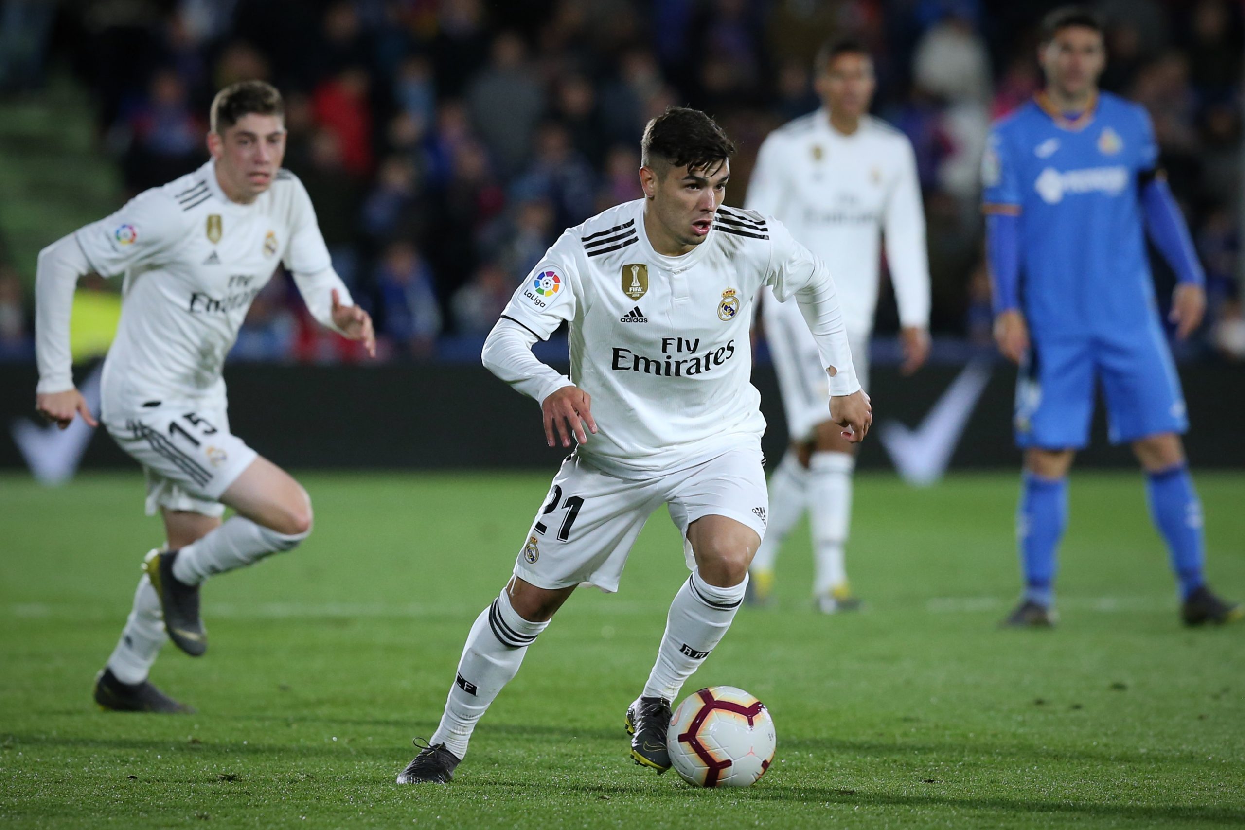 GETAFE, SPAIN - APRIL 25: Brahim Diaz of Real Madrid CF controls the ball during the La Liga match between Getafe CF and Real Madrid CF at Coliseum Alfonso Perez on April 25, 2019 in Getafe, Spain. (Photo by Gonzalo Arroyo Moreno/Getty Images)