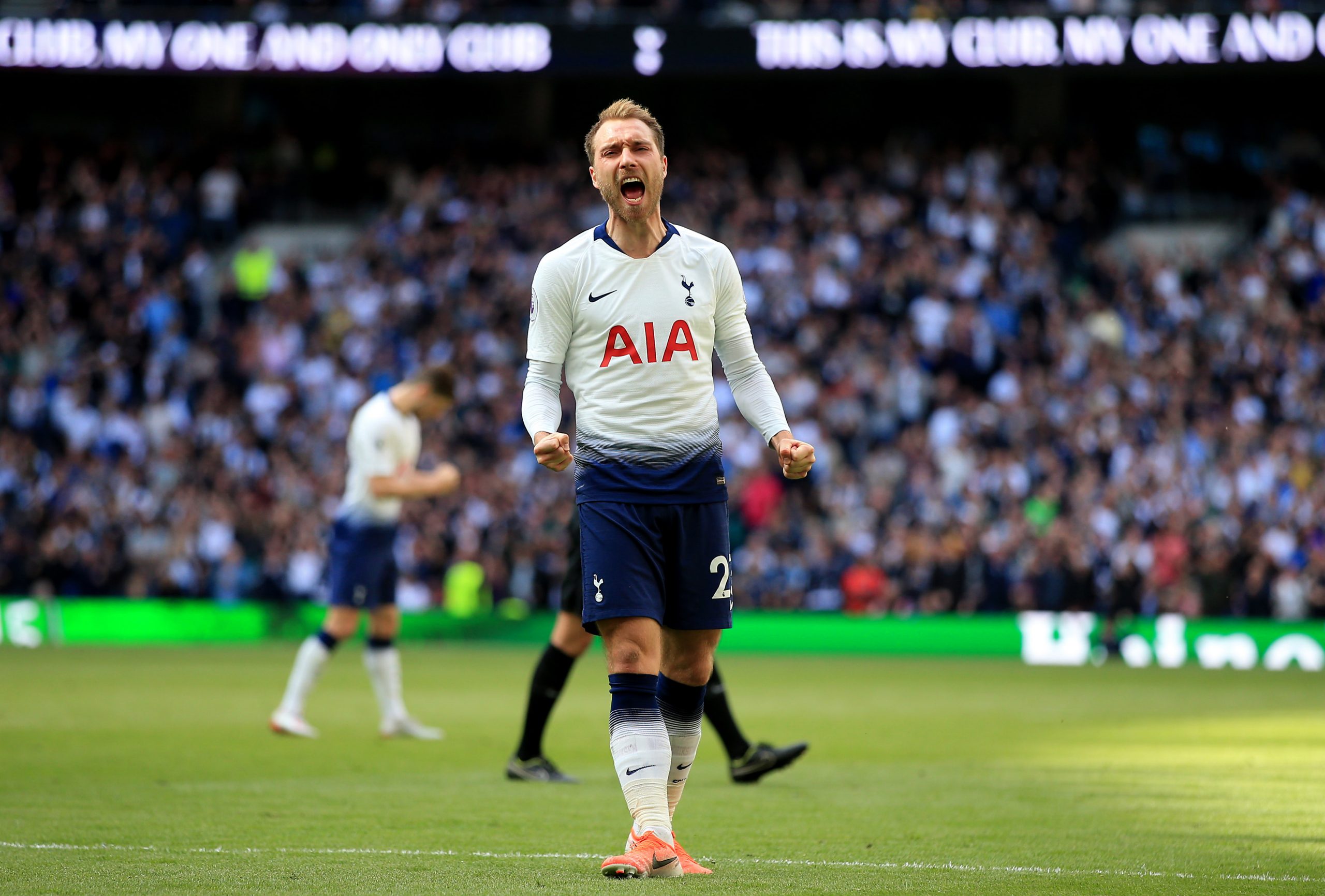 LONDON, ENGLAND - MAY 12: Christian Eriksen of Tottenham Hotspur celebrates after scoring his team's second goal during the Premier League match between Tottenham Hotspur and Everton FC at Tottenham Hotspur Stadium on May 12, 2019 in London, United Kingdom. (Photo by Marc Atkins/Getty Images)