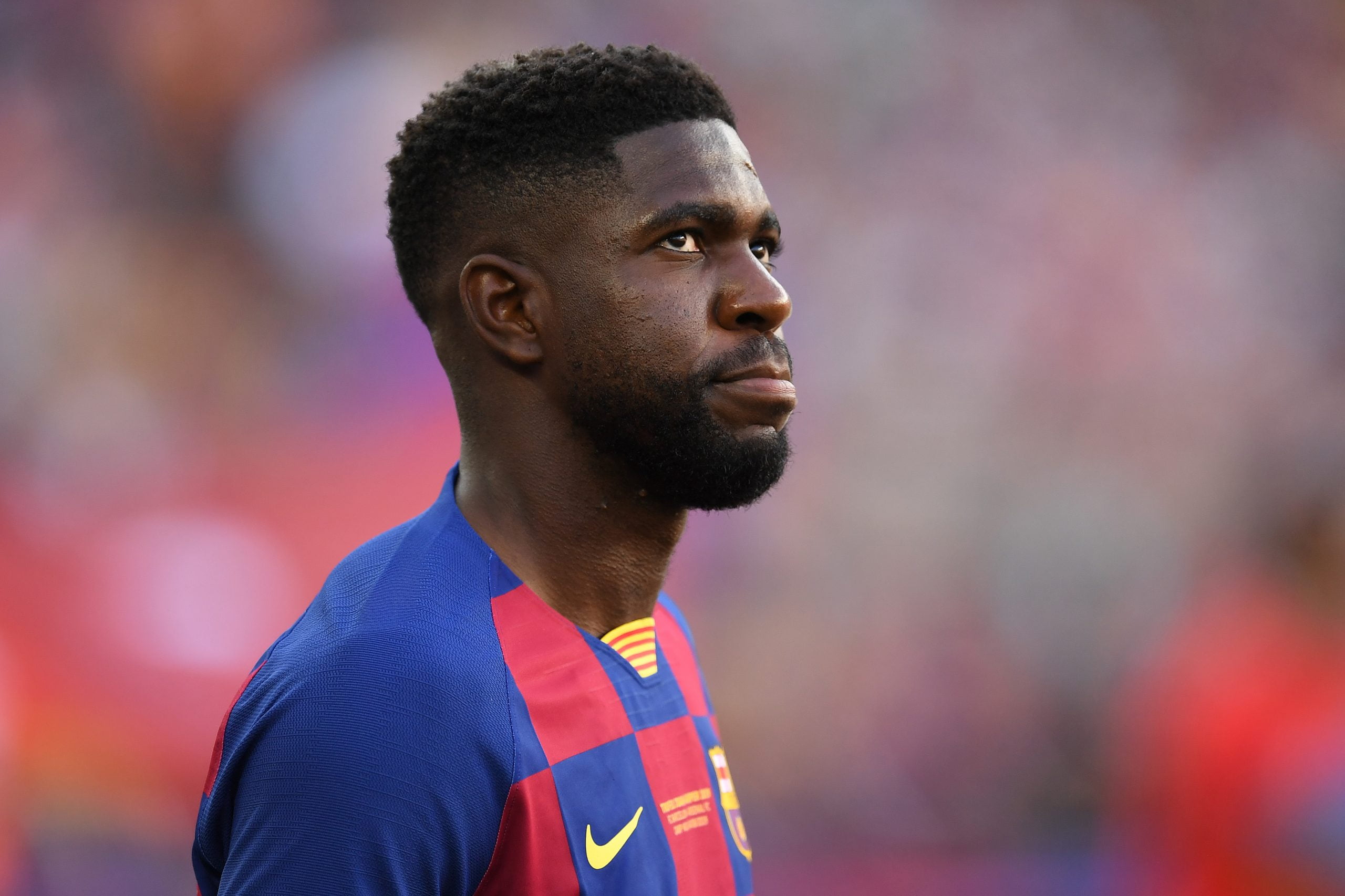 BARCELONA, SPAIN - AUGUST 04: Samuel Umtiti of FC Barcelona looks on prior to the Joan Gamper trophy friendly match between FC Barcelona and Arsenal at Nou Camp on August 04, 2019 in Barcelona, Spain. (Photo by David Ramos/Getty Images)