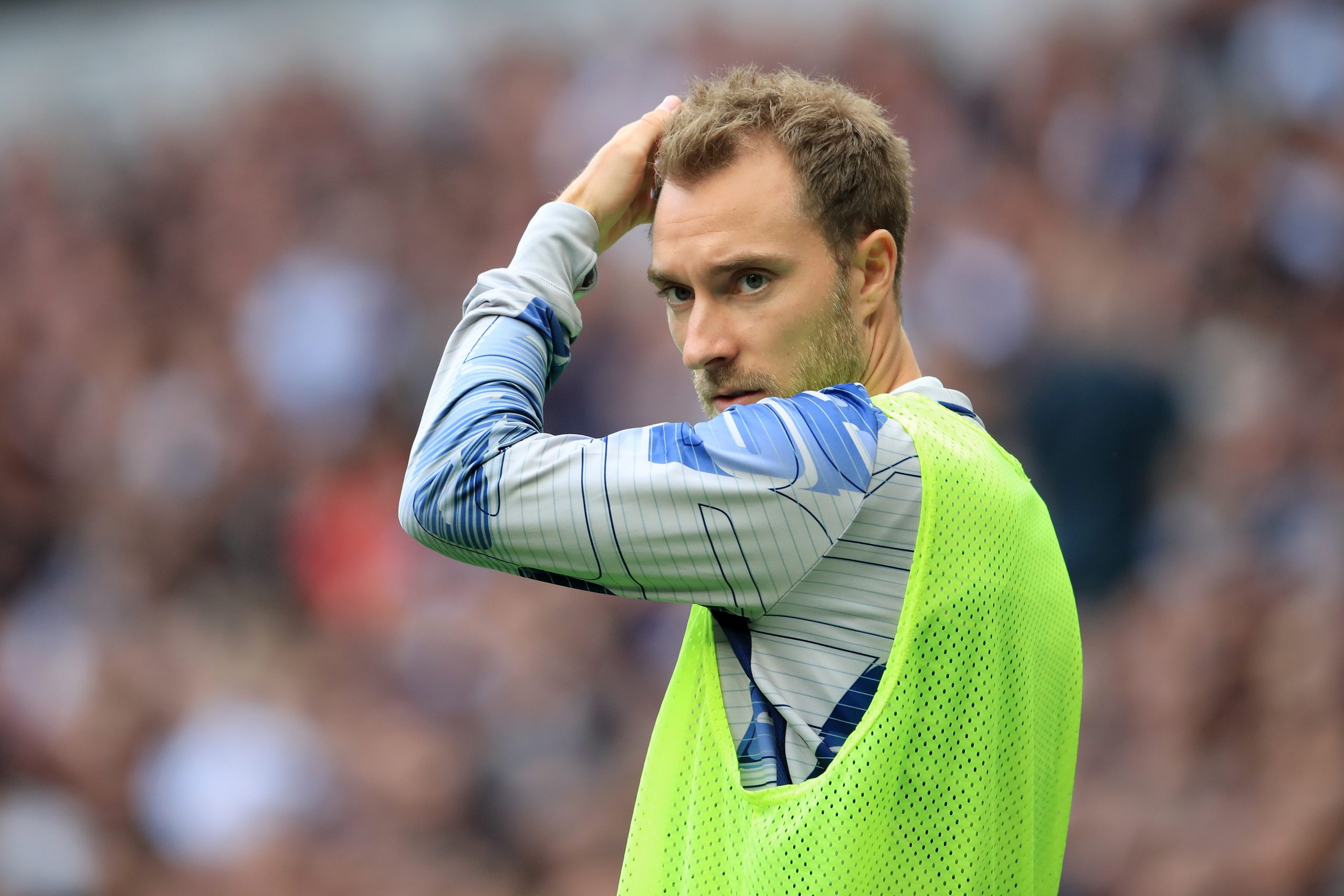 LONDON, ENGLAND - AUGUST 10: Christian Eriksen of Tottenham Hotspur looks on during the Premier League match between Tottenham Hotspur and Aston Villa at Tottenham Hotspur Stadium on August 10, 2019 in London, United Kingdom. (Photo by Marc Atkins/Getty Images)