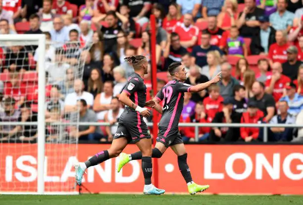 BRISTOL, ENGLAND - AUGUST 04: Pablo Hernandez of Leeds United celebrates scoring his sides first goal during the Sky Bet Championship match between Bristol City and Leeds United at Ashton Gate on August 04, 2019 in Bristol, England. (Photo by Alex Davidson/Getty Images)