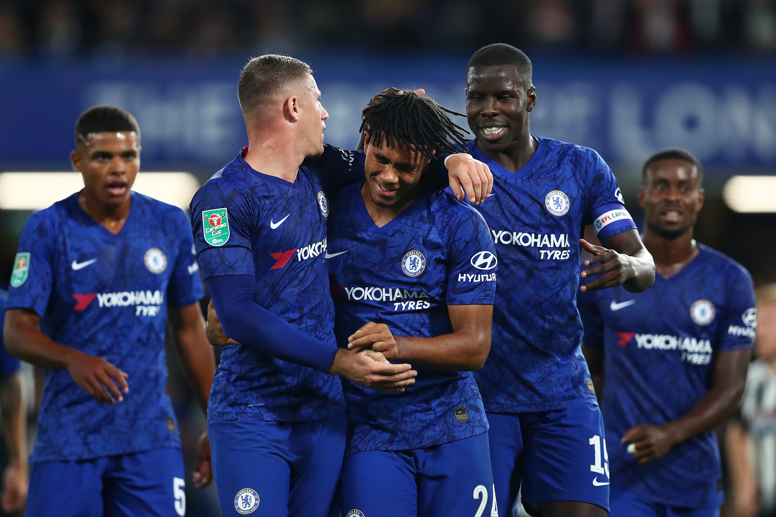 LONDON, ENGLAND - SEPTEMBER 25: Reece James of Chelsea celebrates with Ross Barkley and Kurt Zouma of Chelsea after he scores his sides 5th goal during the Carabao Cup Third Round match between Chelsea FC and Grimsby Town at Stamford Bridge on September 25, 2019 in London, England. (Photo by Dan Istitene/Getty Images)
