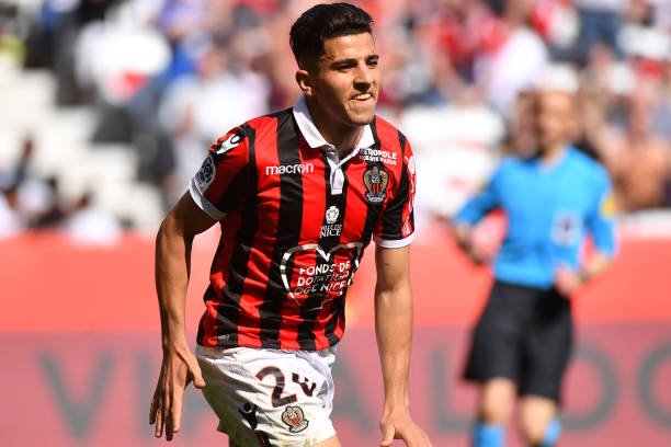 Nice's Algerian defender Youcef Atal celebrates after scoring his second goal during the French L1 football match between OGC Nice and En Avant Guingamp at the Allianz Riviera stadium in Nice, southern France on April 28, 2019. (Photo by YANN COATSALIOU / AFP)        (Photo credit should read YANN COATSALIOU/AFP/Getty Images)