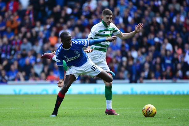 GLASGOW, SCOTLAND - SEPTEMBER 01: Glen Kamara of Rangers FC challenges for the ball with Ryan Christie of Celtic during the Ladbrokes Premiership match between Rangers and Celtic at Ibrox Stadium on September 01, 2019 in Glasgow, Scotland. (Photo by Mark Runnacles/Getty Images)