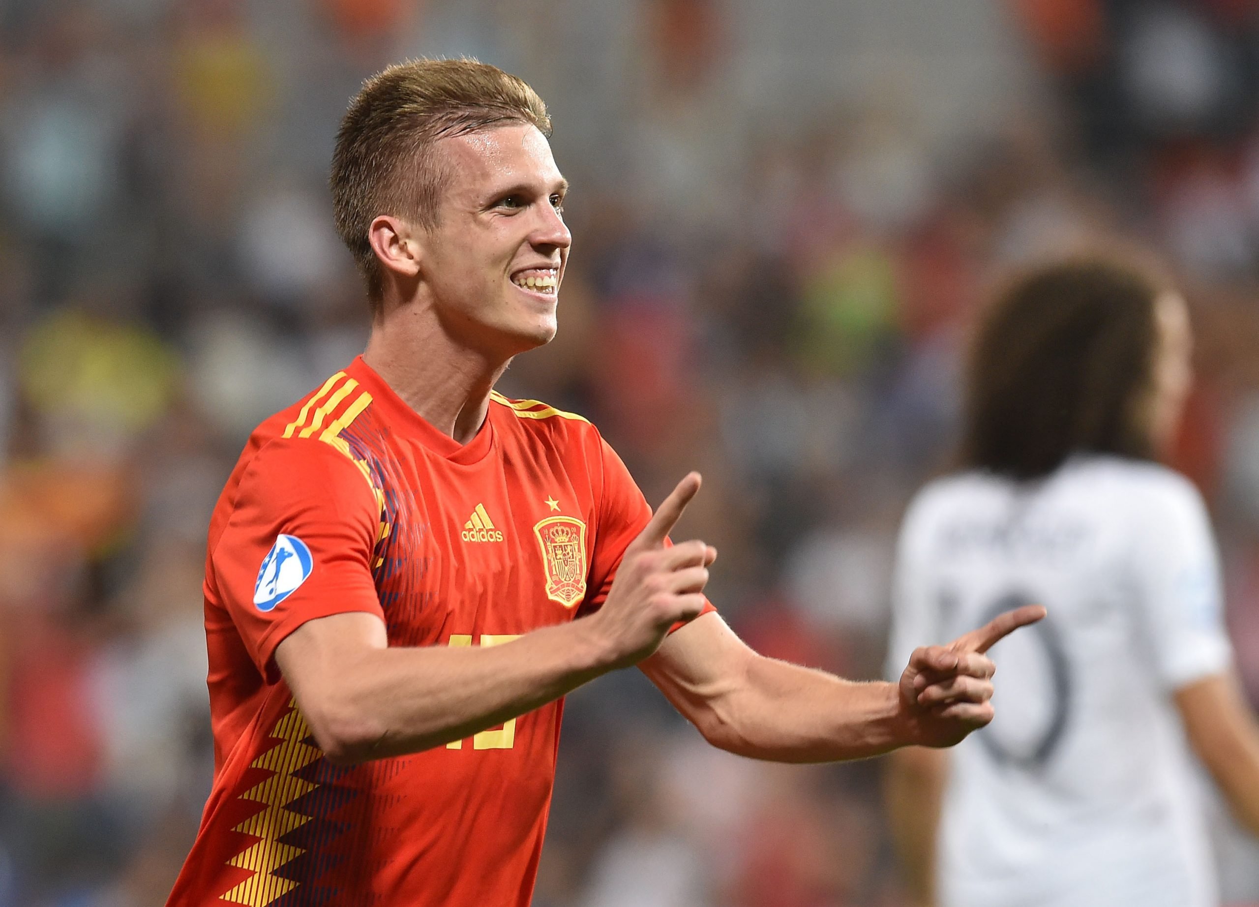 REGGIO NELL'EMILIA, ITALY - JUNE 27:  Dani Olmo of Spain celebrates after scoring goal 3-1 during the 2019 UEFA U-21 Semi-Final match between Spain and France at Mapei Stadium - Citta' del Tricolore on June 27, 2019 in Reggio nell'Emilia, Italy.  (Photo by Giuseppe Bellini/Getty Images)