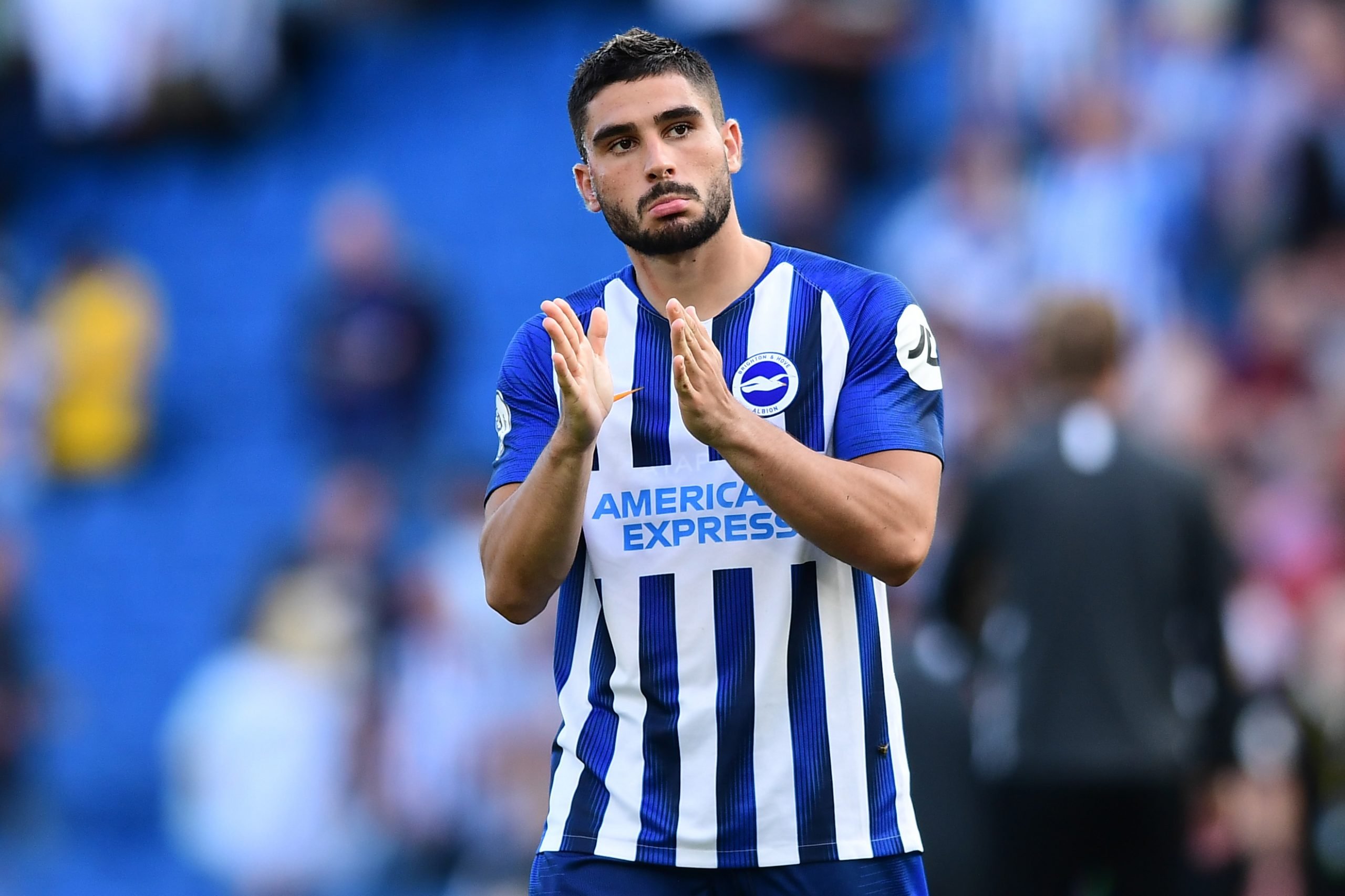 BRIGHTON, ENGLAND - SEPTEMBER 14: Neal Maupay of Brighton & Hove Albion applauds fans after the Premier League match between Brighton & Hove Albion and Burnley FC at American Express Community Stadium on September 14, 2019 in Brighton, United Kingdom. (Photo by Alex Broadway/Getty Images)