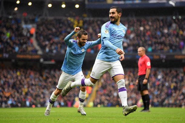 MANCHESTER, ENGLAND - OCTOBER 26: Ilkay Gundogan of Manchester City celebrates after scoring his team's third goal during the Premier League match between Manchester City and Aston Villa at Etihad Stadium on October 26, 2019 in Manchester, United Kingdom. (Photo by Michael Regan/Getty Images)