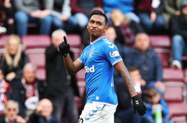 EDINBURGH, SCOTLAND - OCTOBER 20: Alfredo Morelos of Rangers celebrates after scoring his team's equalizing goal during the Ladbrokes Premiership match between Hearts and Rangers at Tynecastle Park on October 20, 2019 in Edinburgh, Scotland. (Photo by Ian MacNicol/Getty Images)