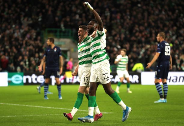 Ryan Christie of Celtic celebrates after scoring his team's first goal with Odsonne Edouard of Celtic during the UEFA Europa League group E match between Celtic FC and Lazio Roma at Celtic Park on October 24, 2019 in Glasgow, United Kingdom. (Photo by Ian MacNicol/Getty Images)
