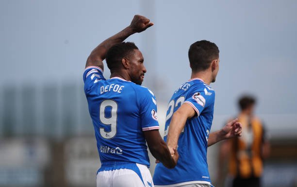 METHIL, SCOTLAND - AUGUST 18: Jermain Defoe of Rangers celebrates scoring the opening goal during the Scottish League Cup second round match between East Fife and Rangers at Bayview Stadium  on August 18, 2019 in Methil, Scotland. (Photo by Ian MacNicol/Getty Images)