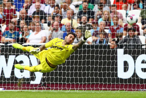 LONDON, ENGLAND - AUGUST 03:  Roberto goalkeeper of West Ham fails to save a penalty in the shoot out during the Pre-Season Friendly match between West Ham United and Athletic Bilbao at the Olympic Stadium on August 03, 2019 in London, England. (Photo by Julian Finney/Getty Images)
