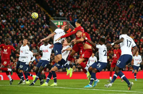 LIVERPOOL, ENGLAND - OCTOBER 27:  Virgil van Dijk of Liverpool (C) misses a chance with a header during the Premier League match between Liverpool FC and Tottenham Hotspur at Anfield on October 27, 2019 in Liverpool, United Kingdom. (Photo by Alex Livesey/Getty Images)