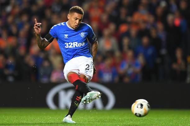 Glasgow Rangers' English defender James Tavernier misses this penalty kick during the UEFA Europa League Group G football match between Rangers and Feyenoord at Ibrox Stadium in Glasgow, Scotland on September 19, 2019. (Photo by ANDY BUCHANAN / AFP)        (Photo credit should read ANDY BUCHANAN/AFP/Getty Images)