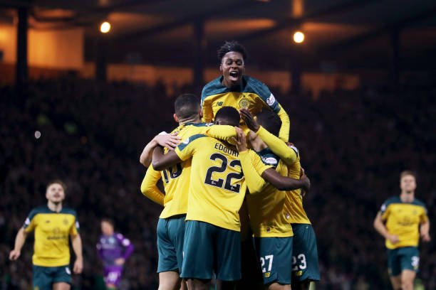 GLASGOW, SCOTLAND - NOVEMBER 02: Jeremie Frimpong of Celtic celebrates his teams second goal with his teammates during the Betfred Cup Semi-Final match between Hibernan and Celtic at Hampden Park on November 02, 2019 in Glasgow, Scotland. (Photo by Ian MacNicol/Getty Images)