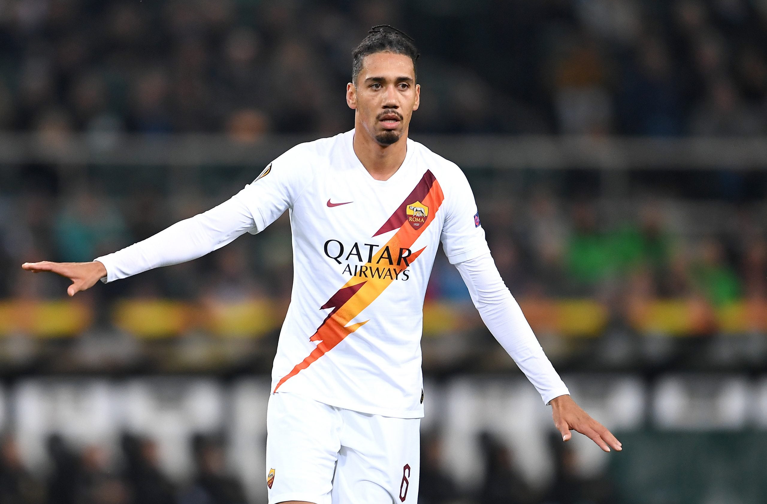 Chris Smalling of AS Roma reacts during the UEFA Europa League group J match between Borussia Moenchengladbach and AS Roma at Borussia-Park on November 07, 2019 in Moenchengladbach, Germany. (Photo by Jörg Schüler/Bongarts/Getty Images)