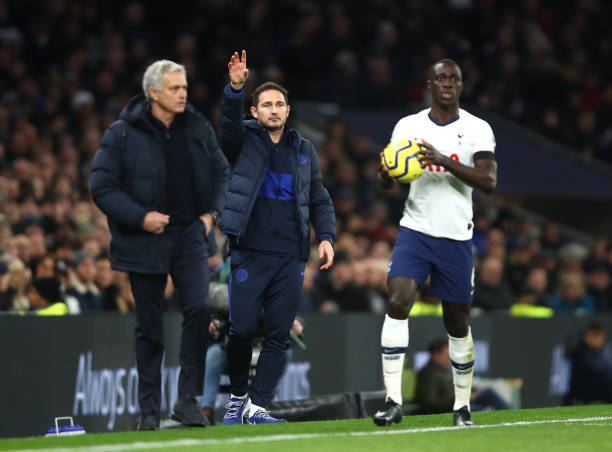 LONDON, ENGLAND - DECEMBER 22: Frank Lampard, Manager of Chelsea next to Jose Mourinho, Manager of Tottenham Hotspur and Davinson Sanchez of Tottenham Hotspur  during the Premier League match between Tottenham Hotspur and Chelsea FC at Tottenham Hotspur Stadium on December 22, 2019 in London, United Kingdom. (Photo by Julian Finney/Getty Images)