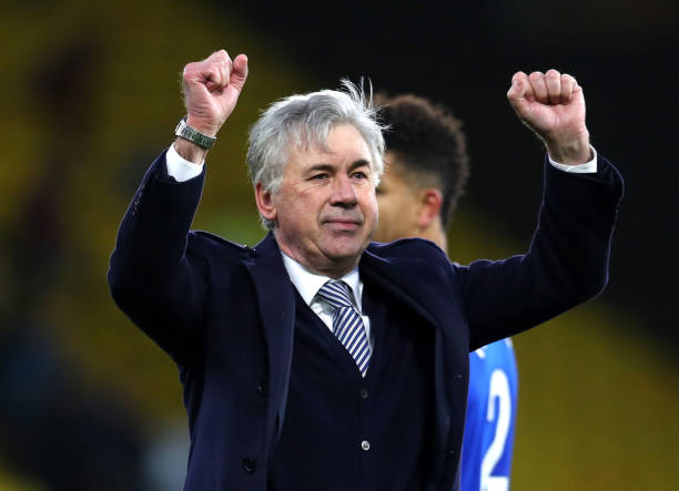 Carlo Ancelotti, Manager of Everton celebrates victory after the Premier League match between Watford FC and Everton FC at Vicarage Road on February 01, 2020 in Watford, United Kingdom. (Photo by Catherine Ivill/Getty Images)